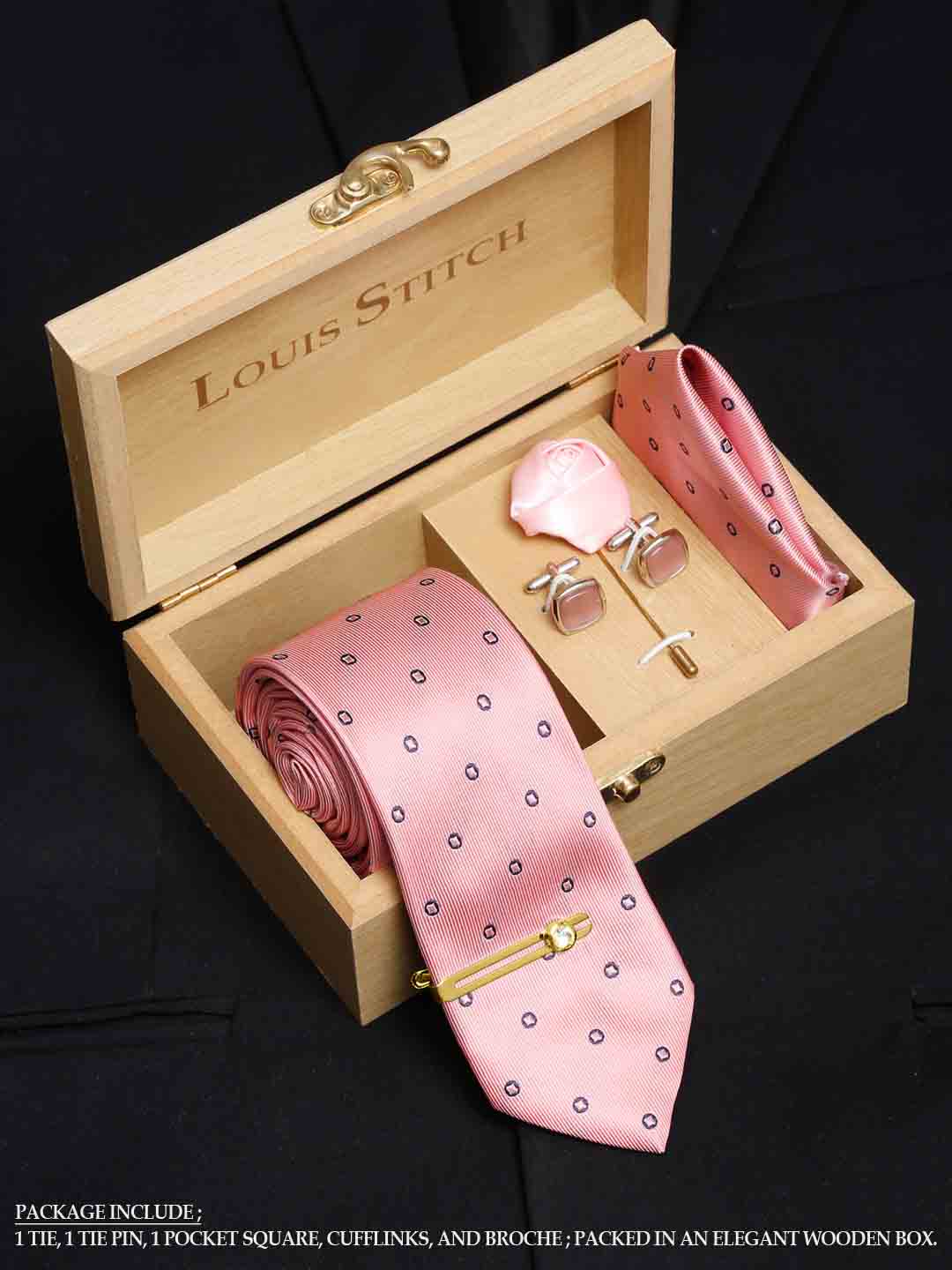 Apricot Peach Luxury Italian Silk Necktie Set With Pocket Square Cufflinks Brooch Gold Tie pin