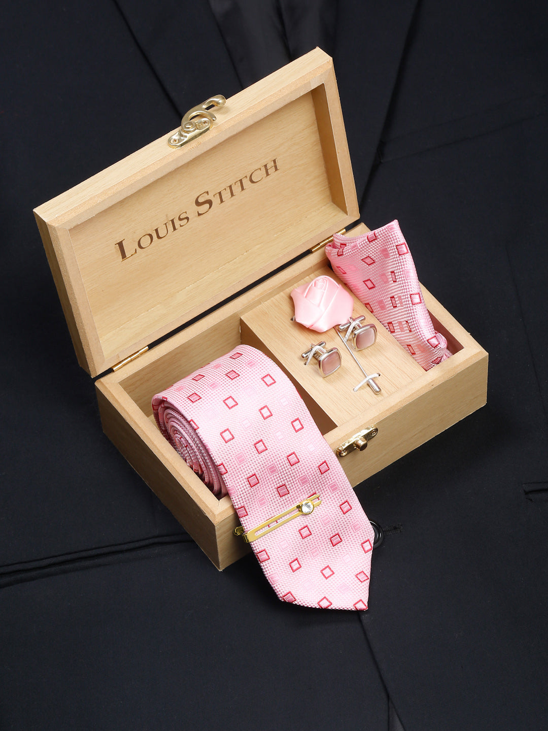 Blush Peach Luxury Italian Silk Necktie Set With Pocket Square Cufflinks Brooch Gold Tie pin
