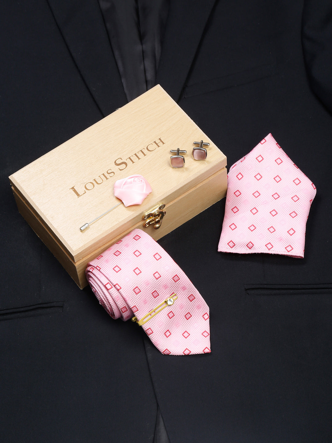 Blush Peach Luxury Italian Silk Necktie Set With Pocket Square Cufflinks Brooch Gold Tie pin