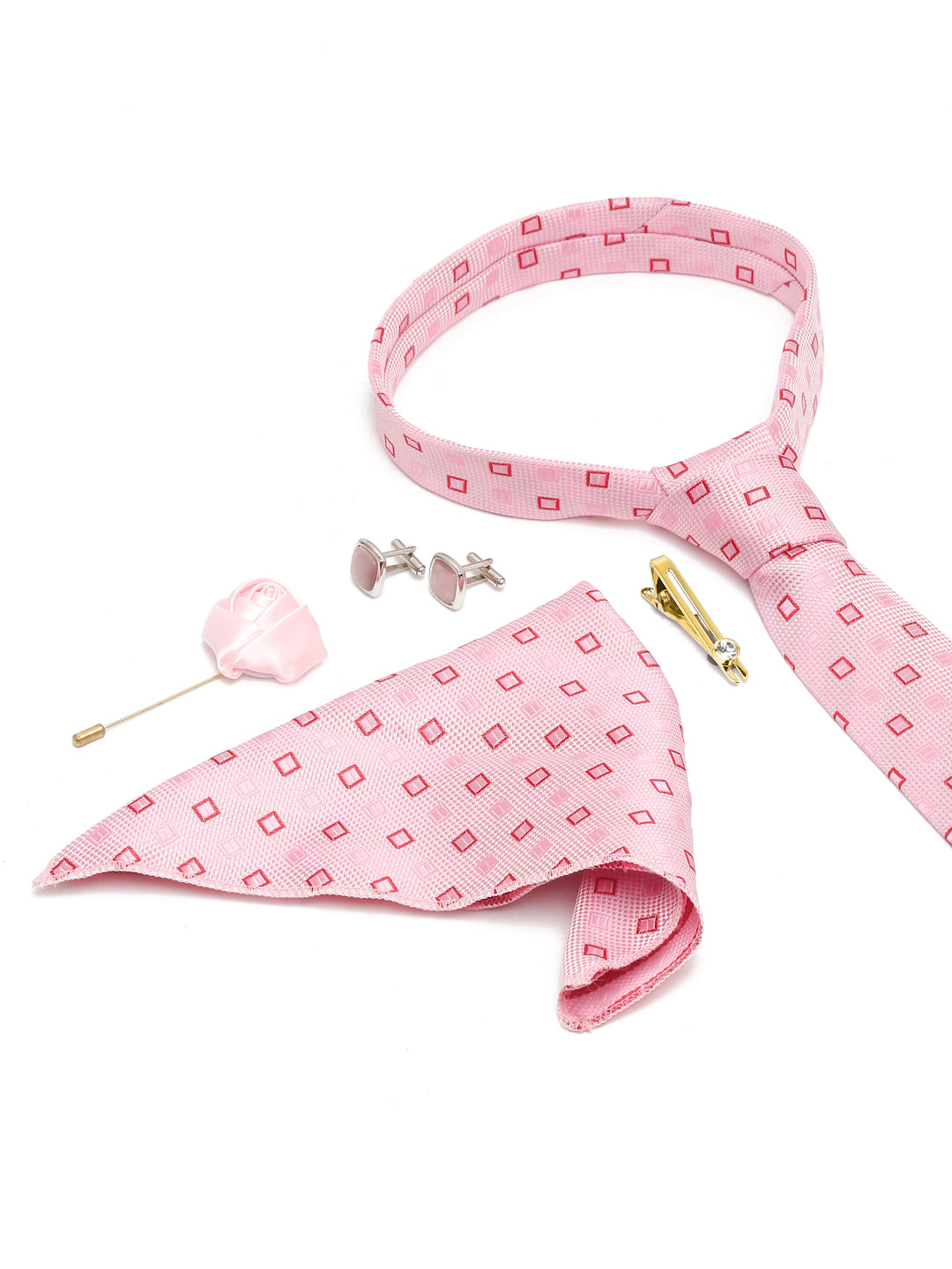 Blush Peach Luxury Italian Silk Necktie Set With Pocket Square Cufflinks Brooch Gold Tie pin
