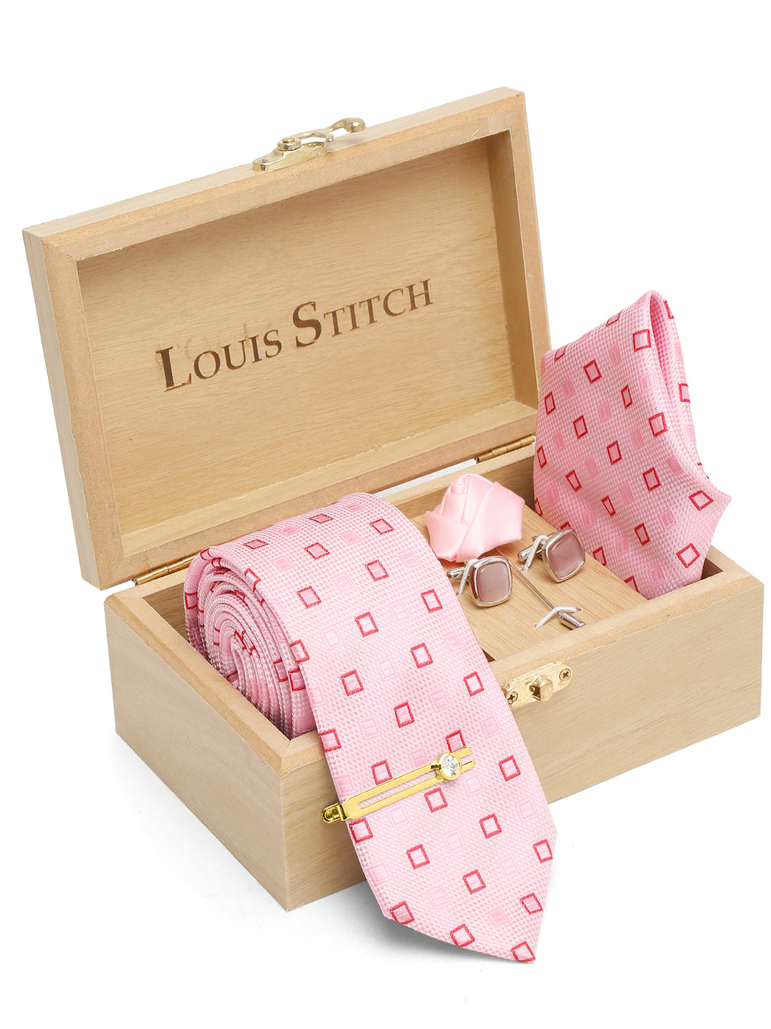 Blush Peach Luxury Italian Silk Necktie Set With Pocket Square Cufflinks Brooch Gold Tie pin