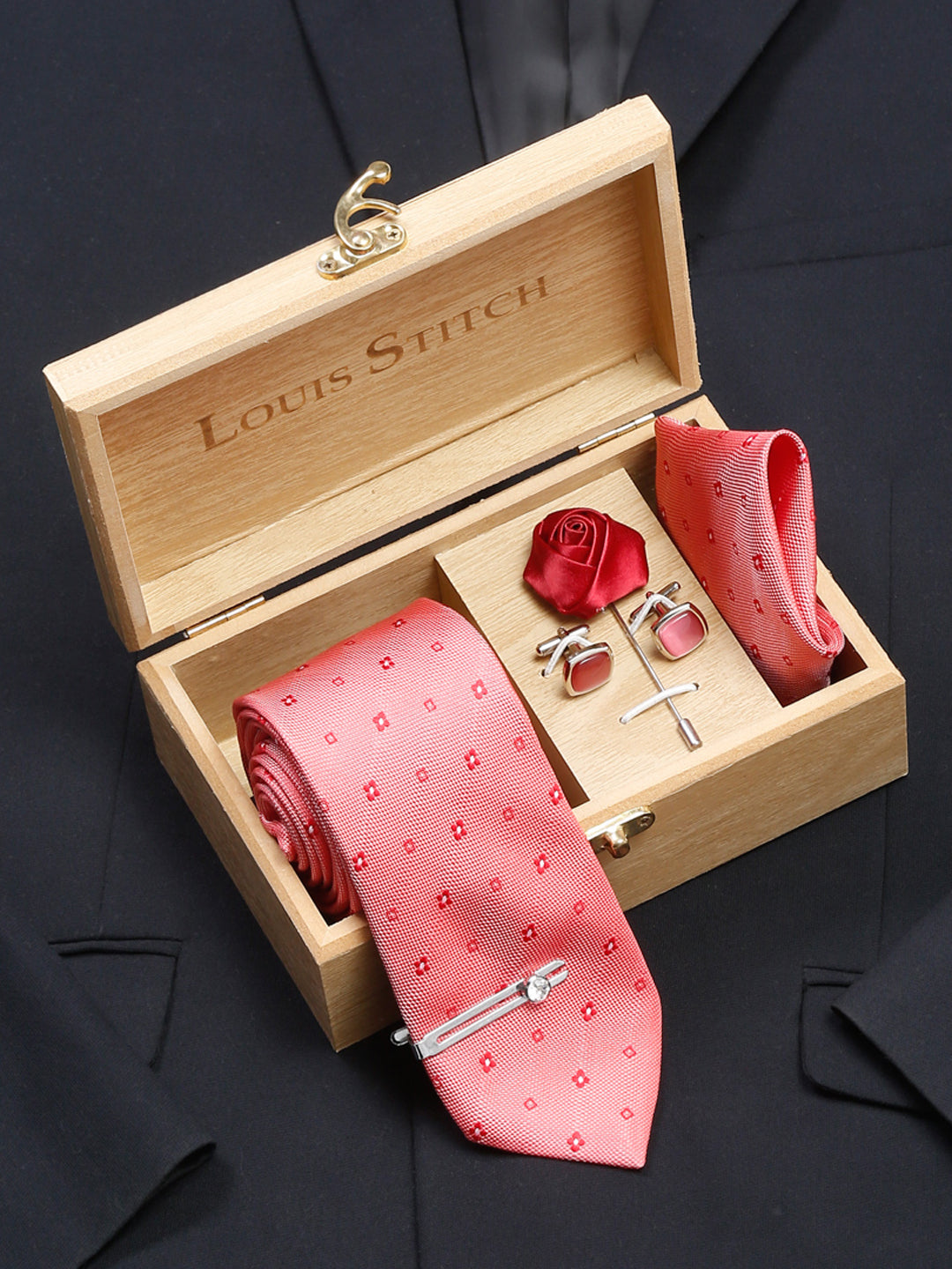Sea Pink Luxury Italian Silk Necktie Set With Pocket Square Cufflinks Brooch Chrome Tie pin