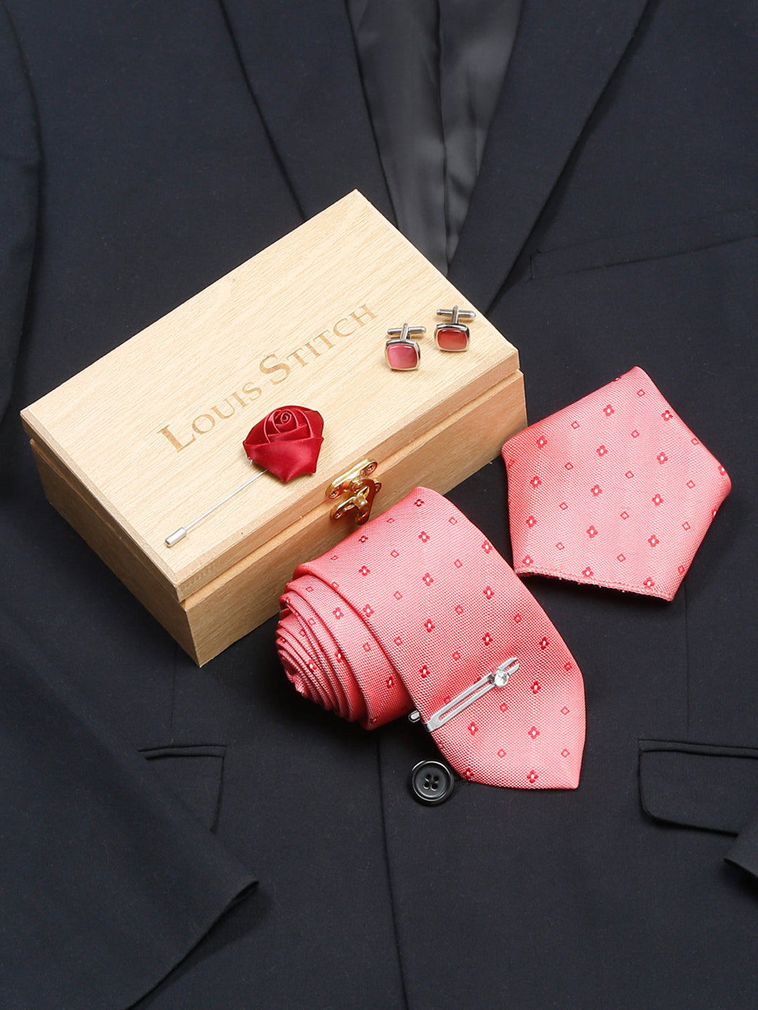 Sea Pink Luxury Italian Silk Necktie Set With Pocket Square Cufflinks Brooch Chrome Tie pin