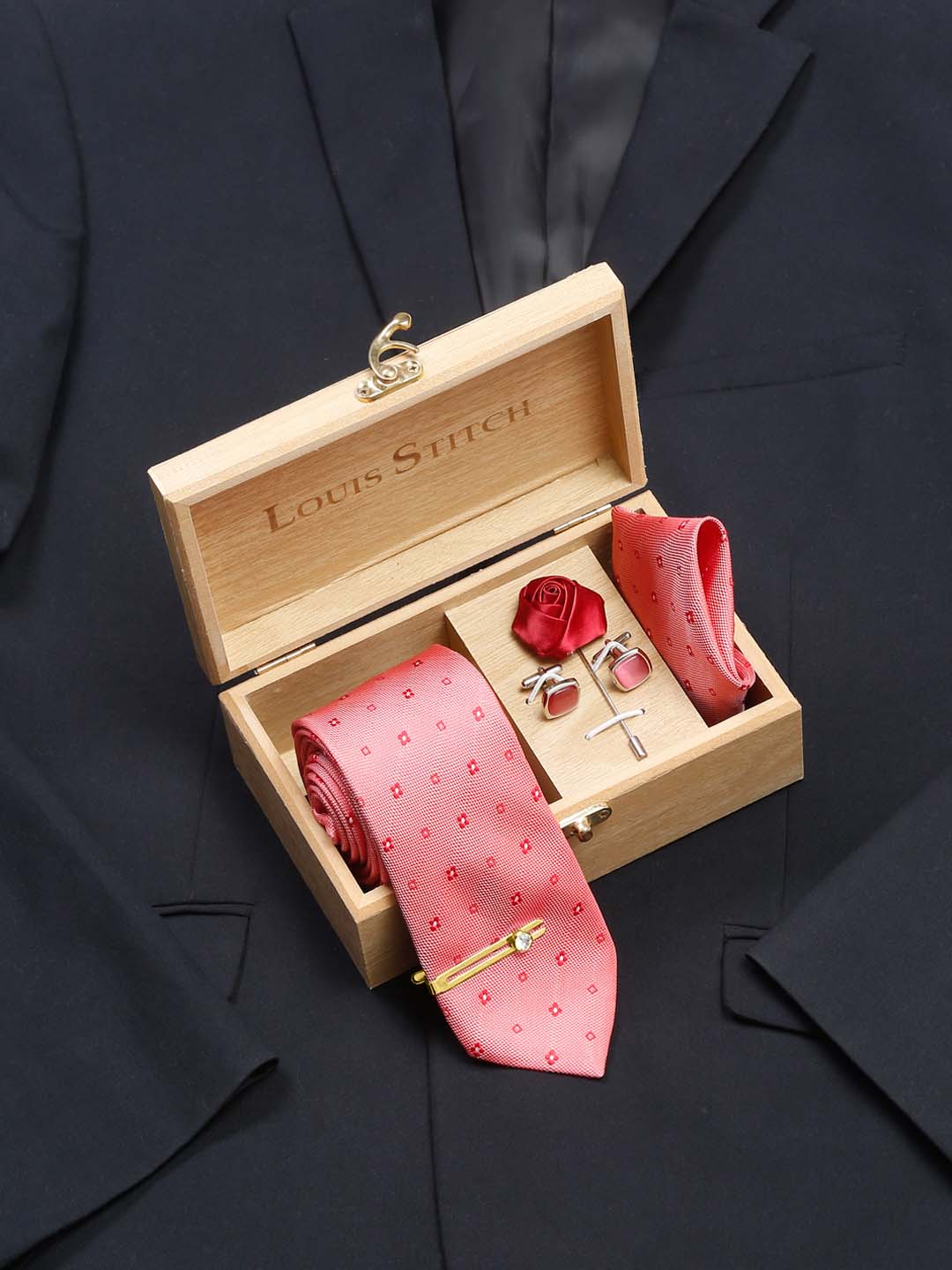Sea Pink Luxury Italian Silk Necktie Set With Pocket Square Cufflinks Brooch Gold Tie pin