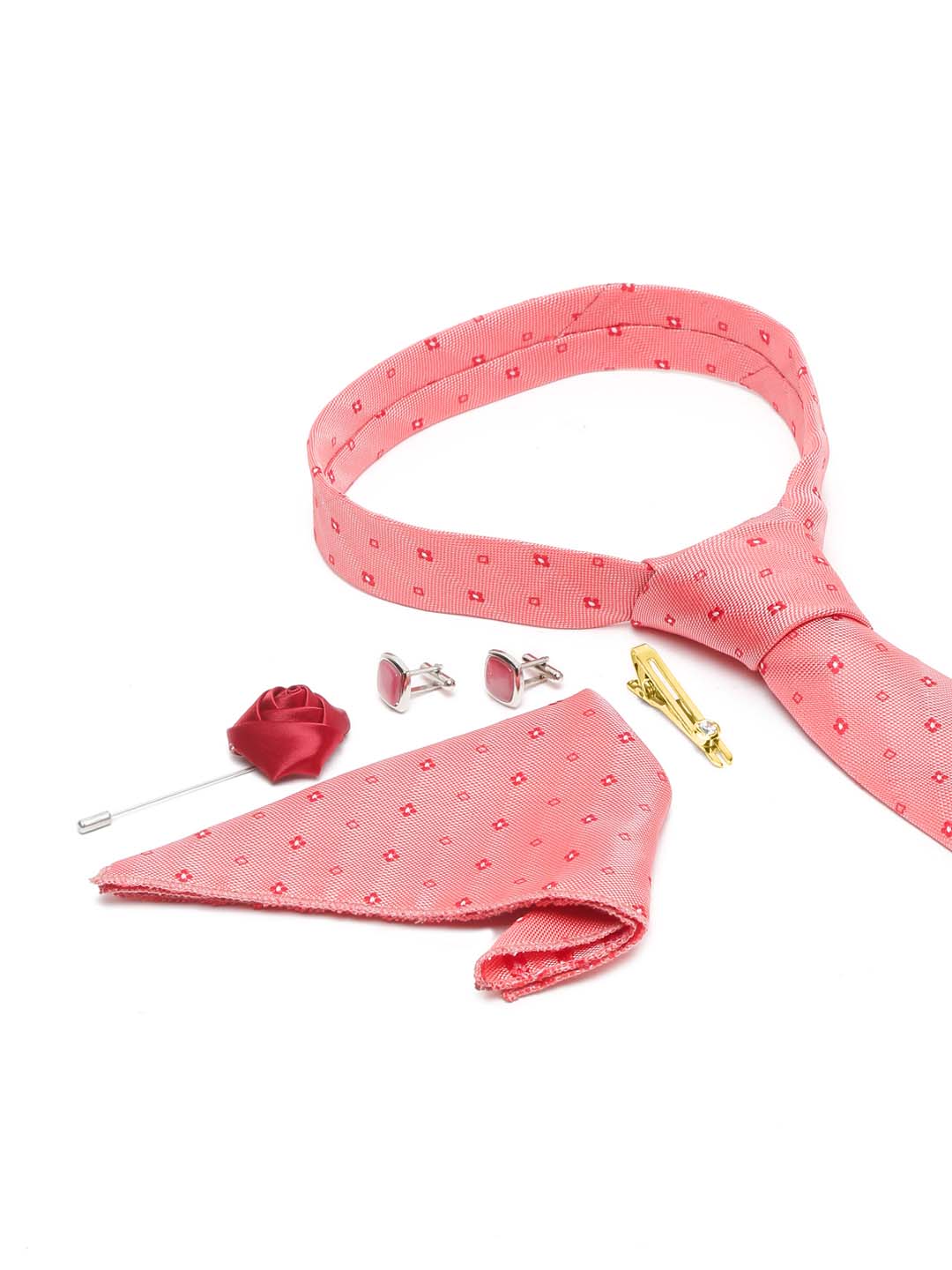 Sea Pink Luxury Italian Silk Necktie Set With Pocket Square Cufflinks Brooch Gold Tie pin
