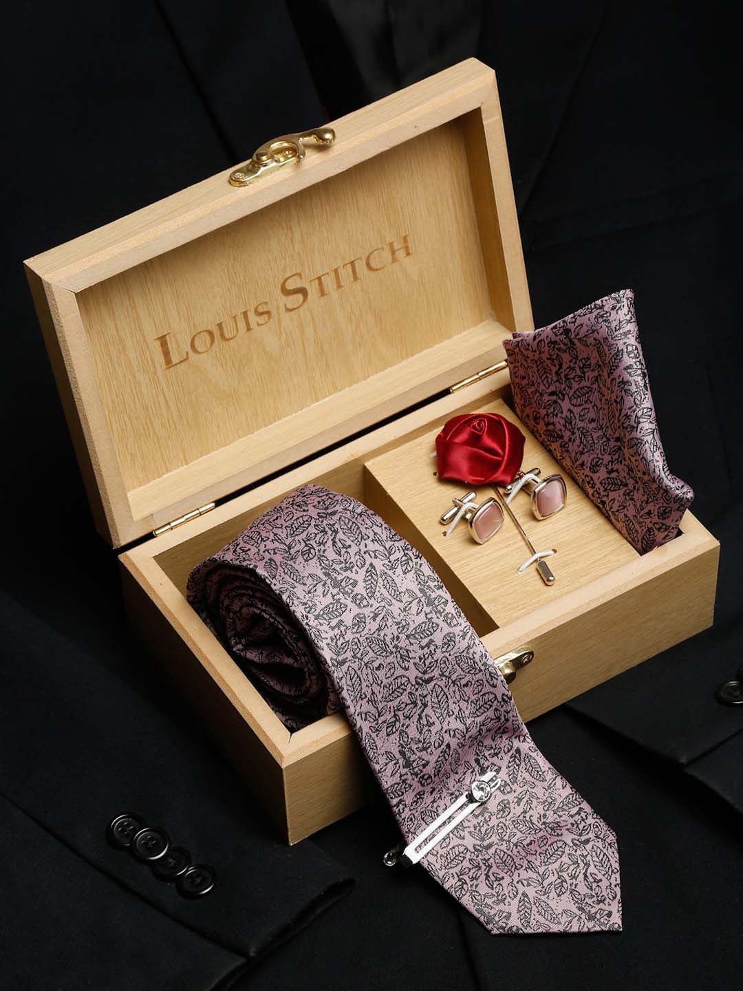 Baby Pink Luxury Italian Silk Necktie Set With Pocket Square Cufflinks Brooch Chrome Tie pin