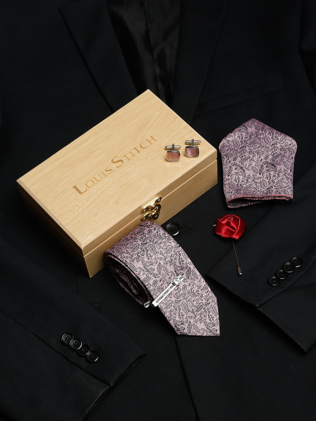 Baby Pink Luxury Italian Silk Necktie Set With Pocket Square Cufflinks Brooch Chrome Tie pin