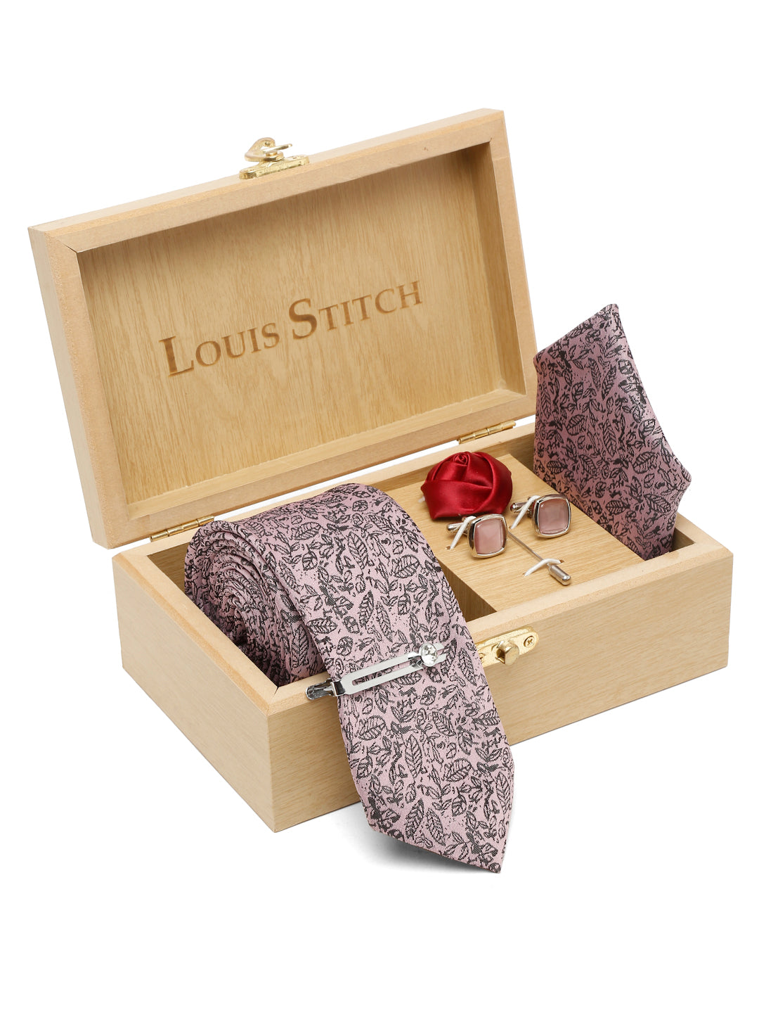 Baby Pink Luxury Italian Silk Necktie Set With Pocket Square Cufflinks Brooch Chrome Tie pin