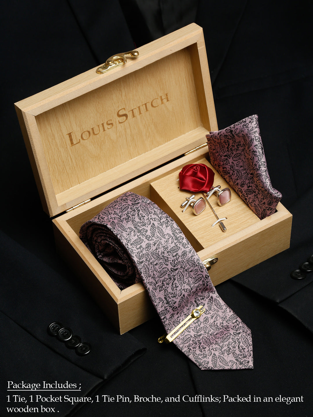 Baby Pink Luxury Italian Silk Necktie Set With Pocket Square Cufflinks Brooch Gold Tie pin