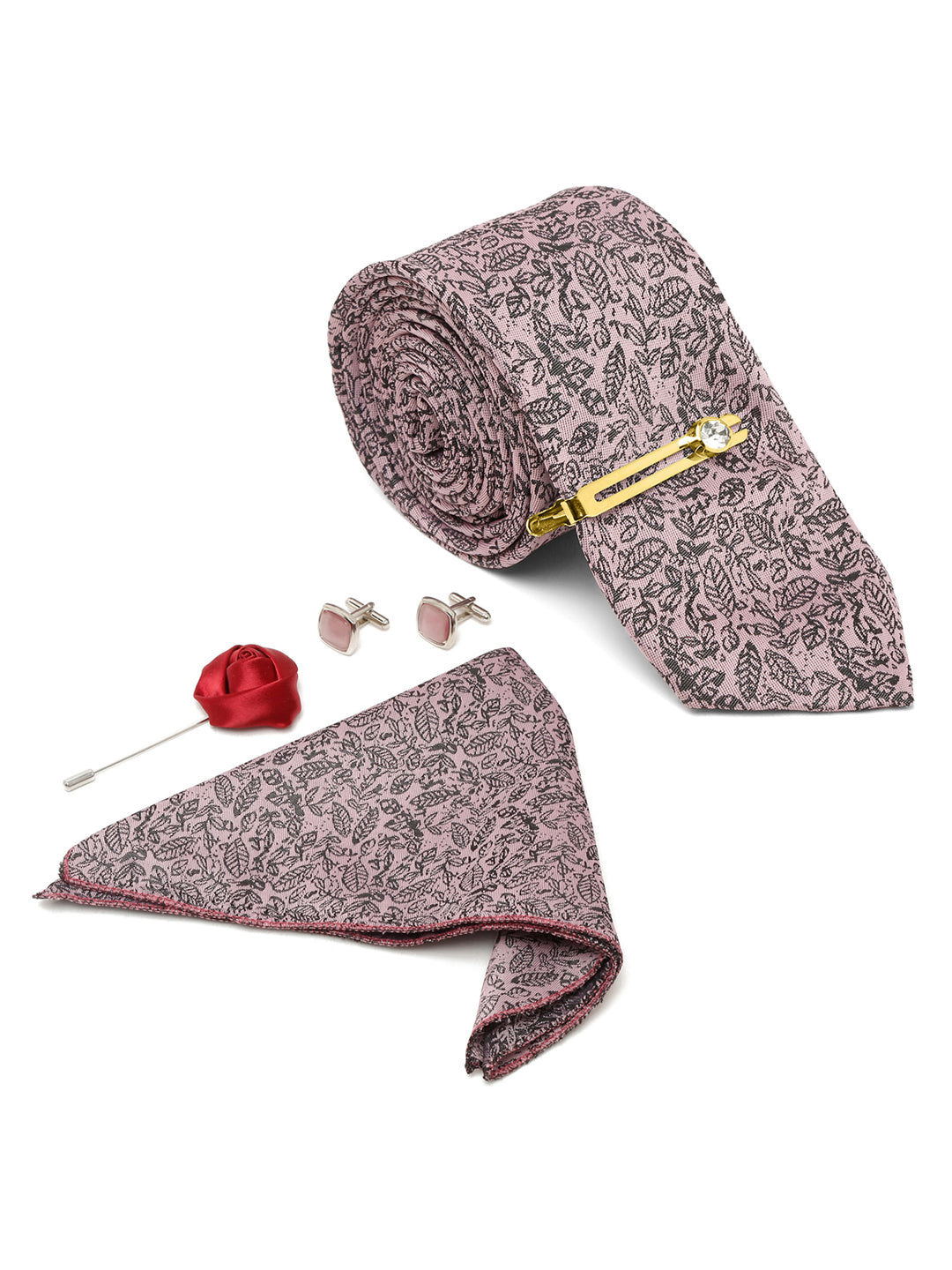 Baby Pink Luxury Italian Silk Necktie Set With Pocket Square Cufflinks Brooch Gold Tie pin
