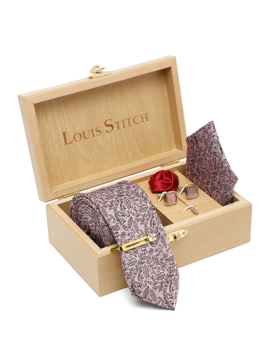 Baby Pink Luxury Italian Silk Necktie Set With Pocket Square Cufflinks Brooch Gold Tie pin