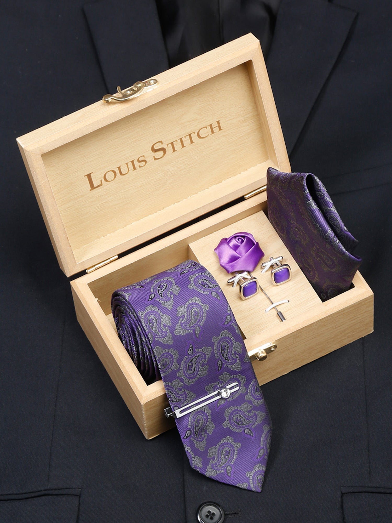 Iris Purple Luxury Italian Silk Necktie Set With Pocket Square Cufflinks Brooch Chrome Tie pin