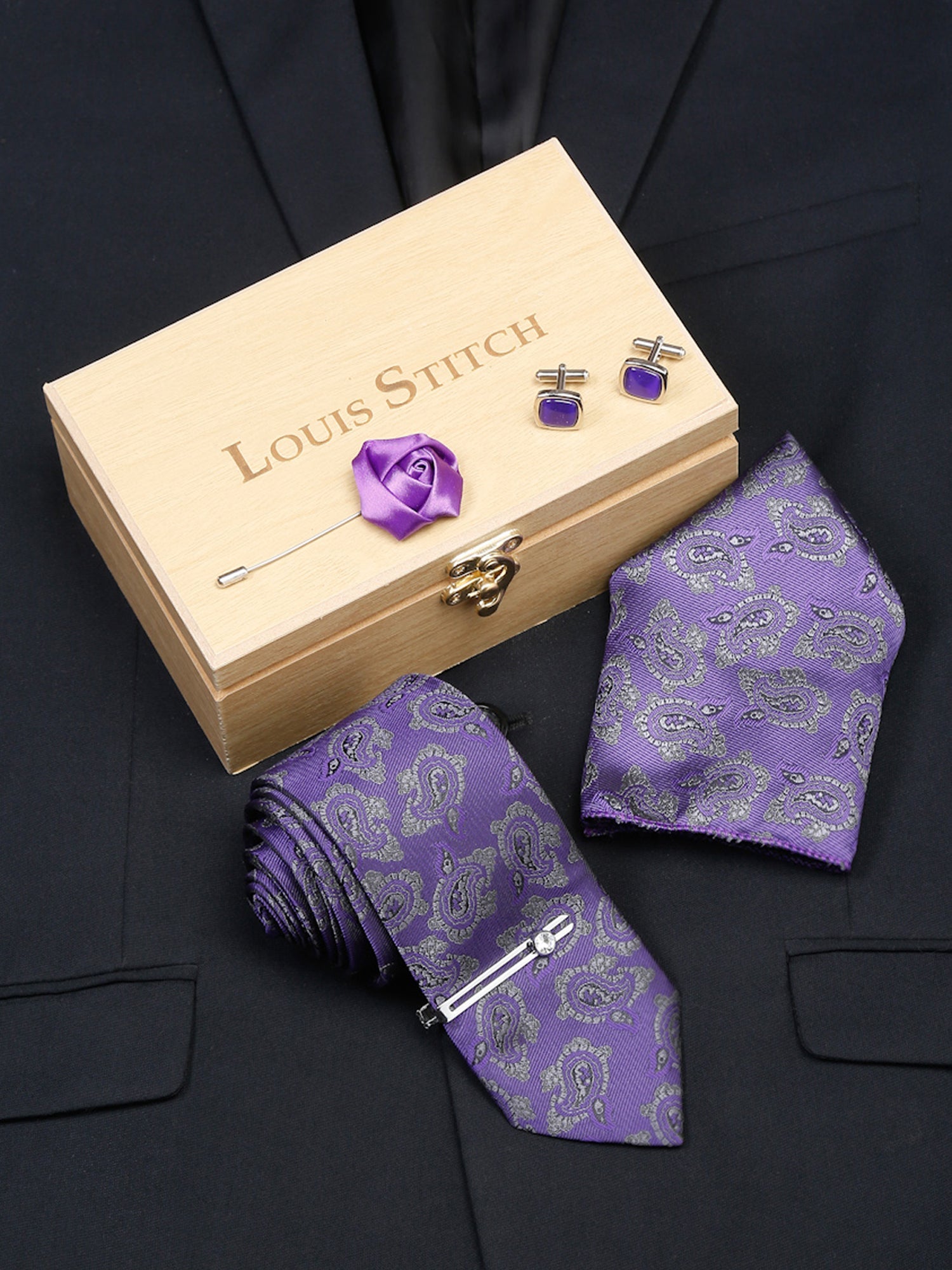 Iris Purple Luxury Italian Silk Necktie Set With Pocket Square Cufflinks Brooch Chrome Tie pin
