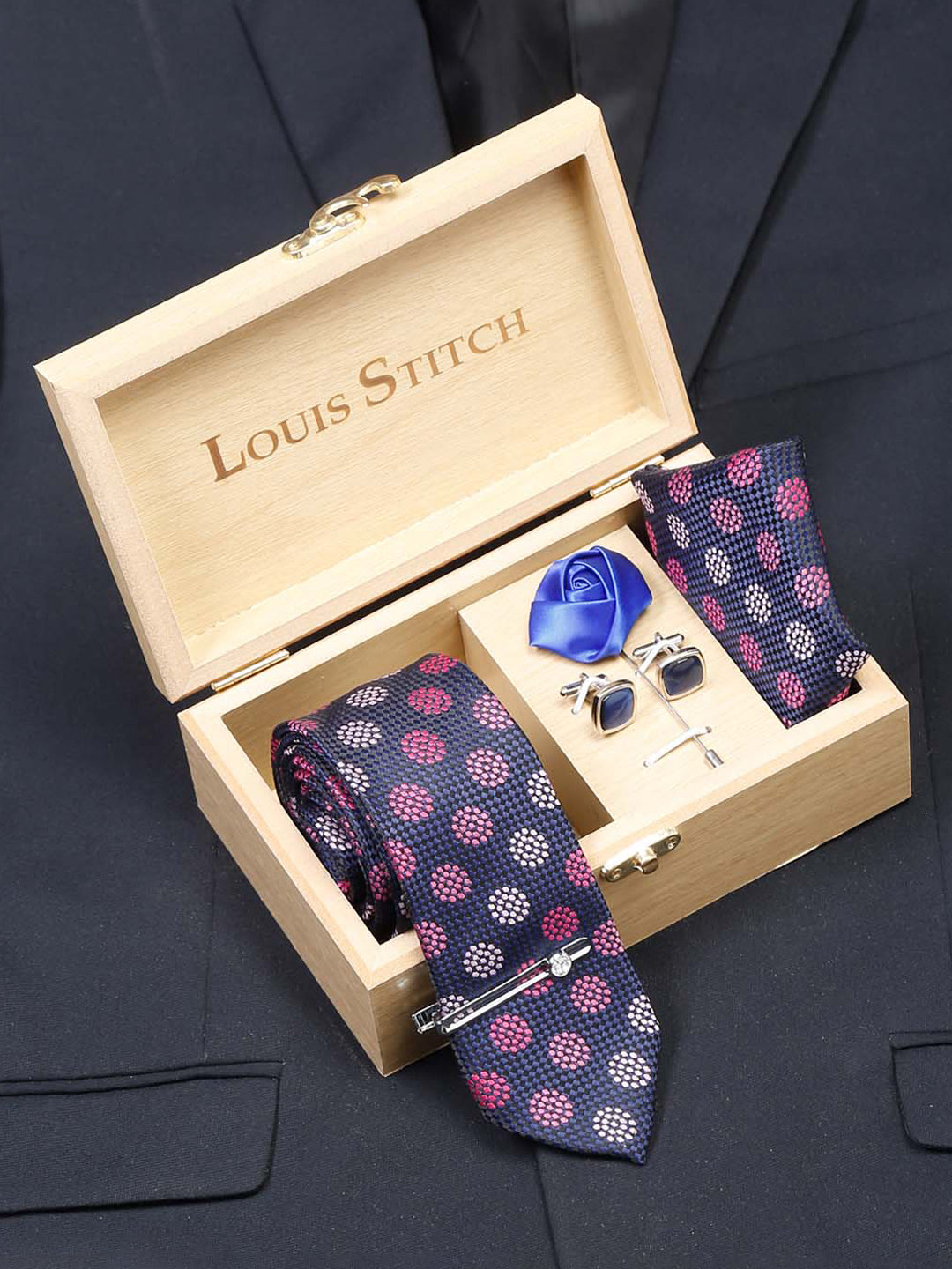 Multicolor Luxury Italian Silk Necktie Set With Pocket Square Cufflinks Brooch Chrome Tie pin