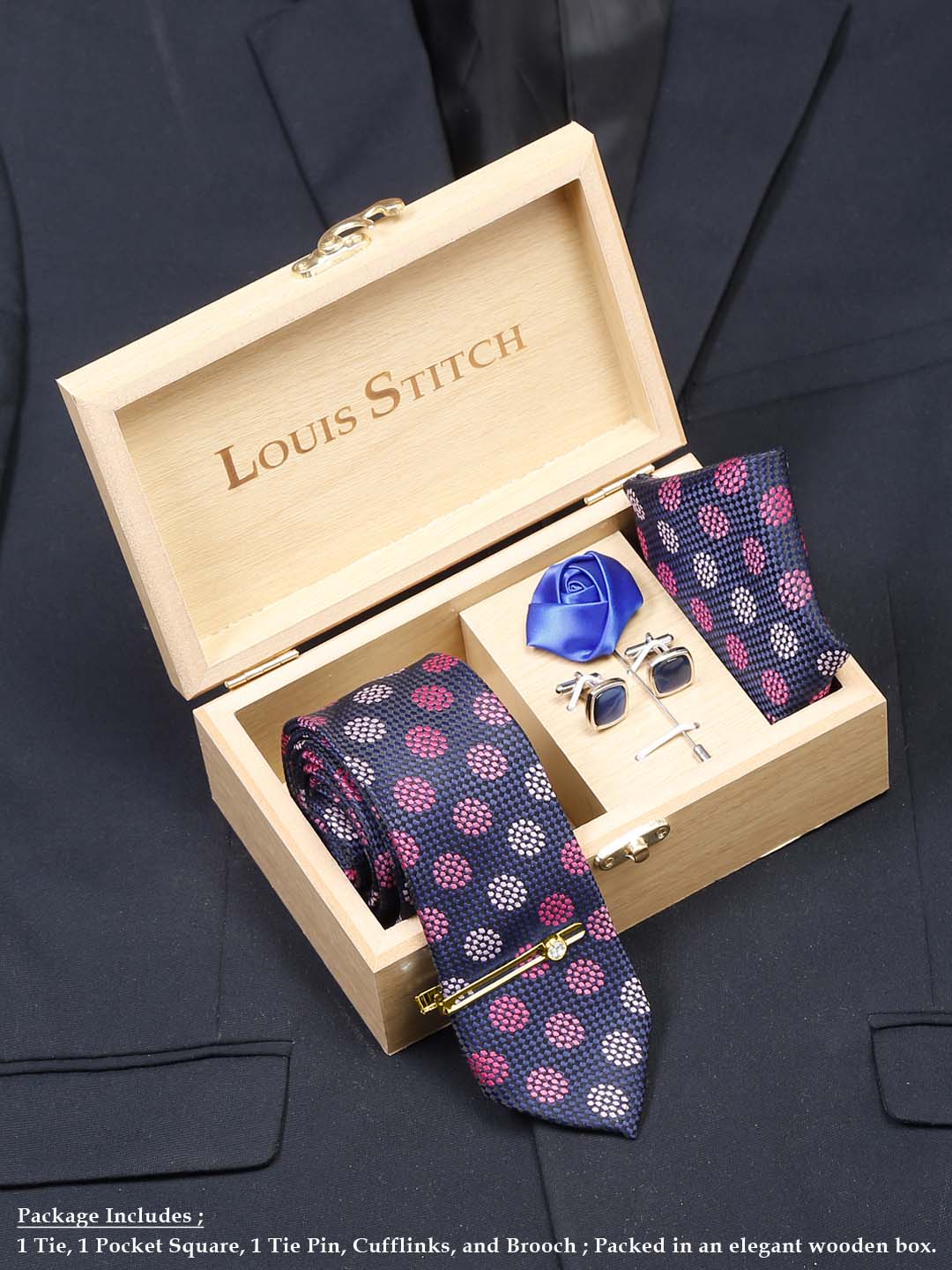Multicolor Luxury Italian Silk Necktie Set With Pocket Square Cufflinks Brooch Gold Tie pin