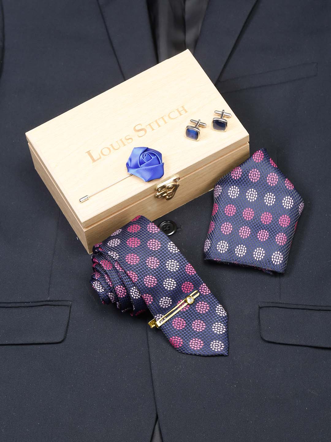 Multicolor Luxury Italian Silk Necktie Set With Pocket Square Cufflinks Brooch Gold Tie pin