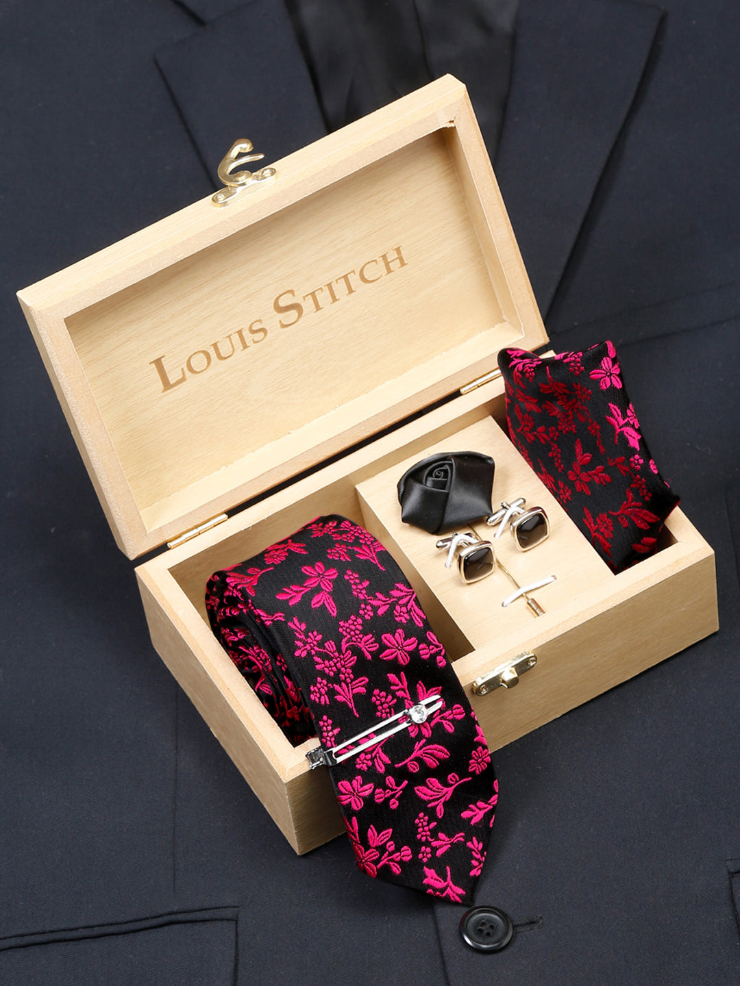 Mulberry Luxury Italian Silk Necktie Set With Pocket Square Cufflinks Brooch Chrome Tie pin