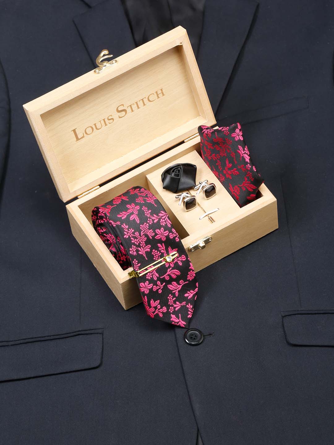 Mulberry Luxury Italian Silk Necktie Set With Pocket Square Cufflinks Brooch Gold Tie pin