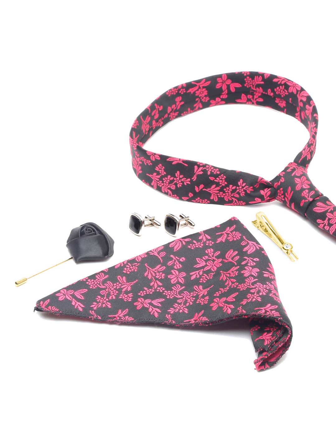 Mulberry Luxury Italian Silk Necktie Set With Pocket Square Cufflinks Brooch Gold Tie pin