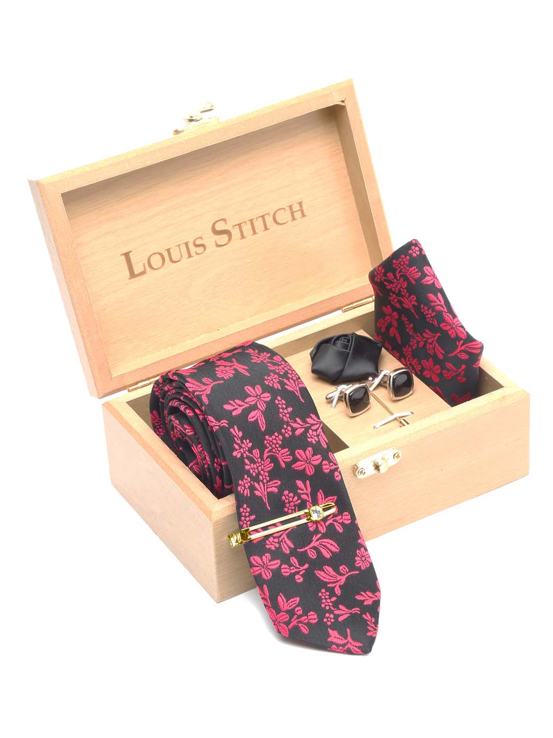 Mulberry Luxury Italian Silk Necktie Set With Pocket Square Cufflinks Brooch Gold Tie pin