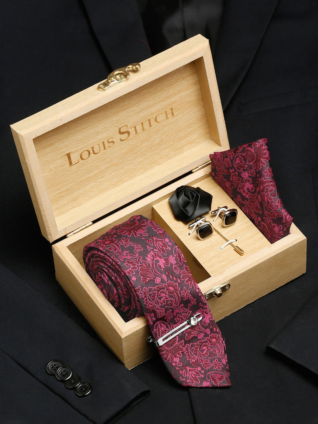 Burgundy Luxury Italian Silk Necktie Set With Pocket Square Cufflinks Brooch Chrome Tie pin