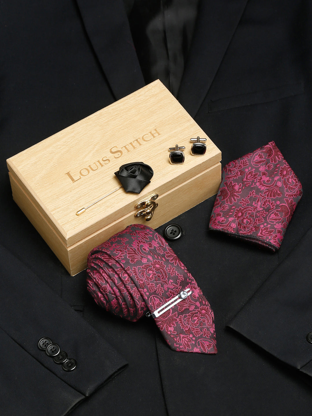 Burgundy Luxury Italian Silk Necktie Set With Pocket Square Cufflinks Brooch Chrome Tie pin