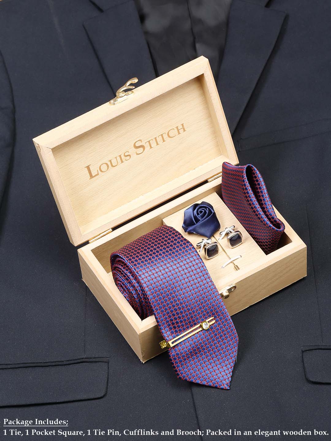 Dark Purple Luxury Italian Silk Necktie Set With Pocket Square Cufflinks Brooch Gold Tie pin