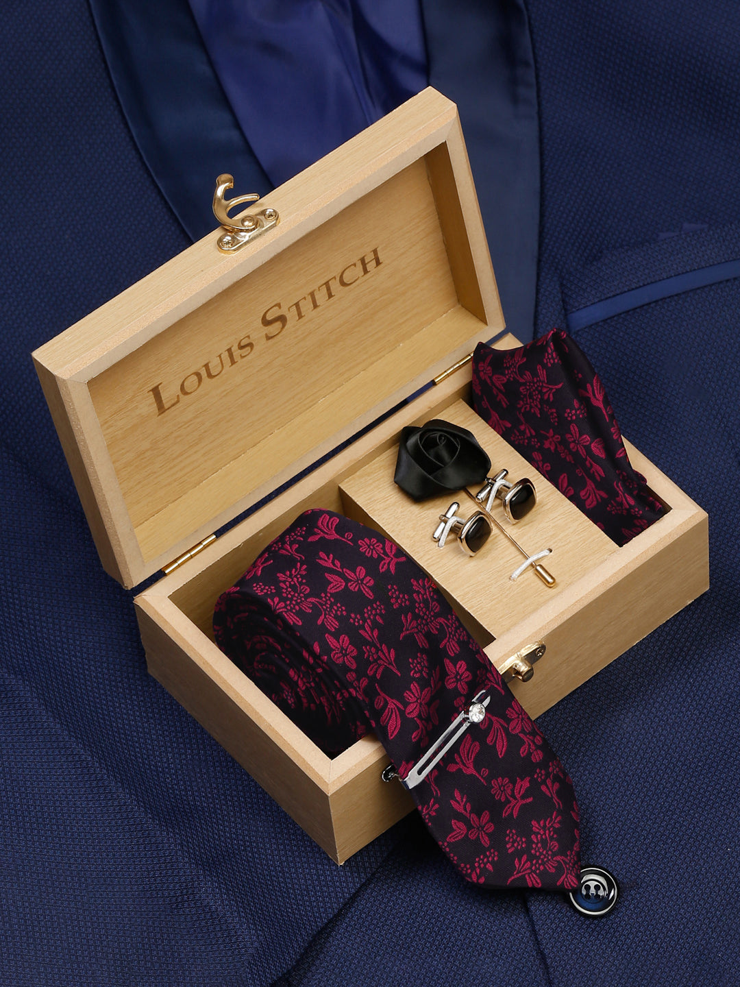 Rasin Pink Luxury Italian Silk Necktie Set With Pocket Square Cufflinks Brooch Chrome Tie pin