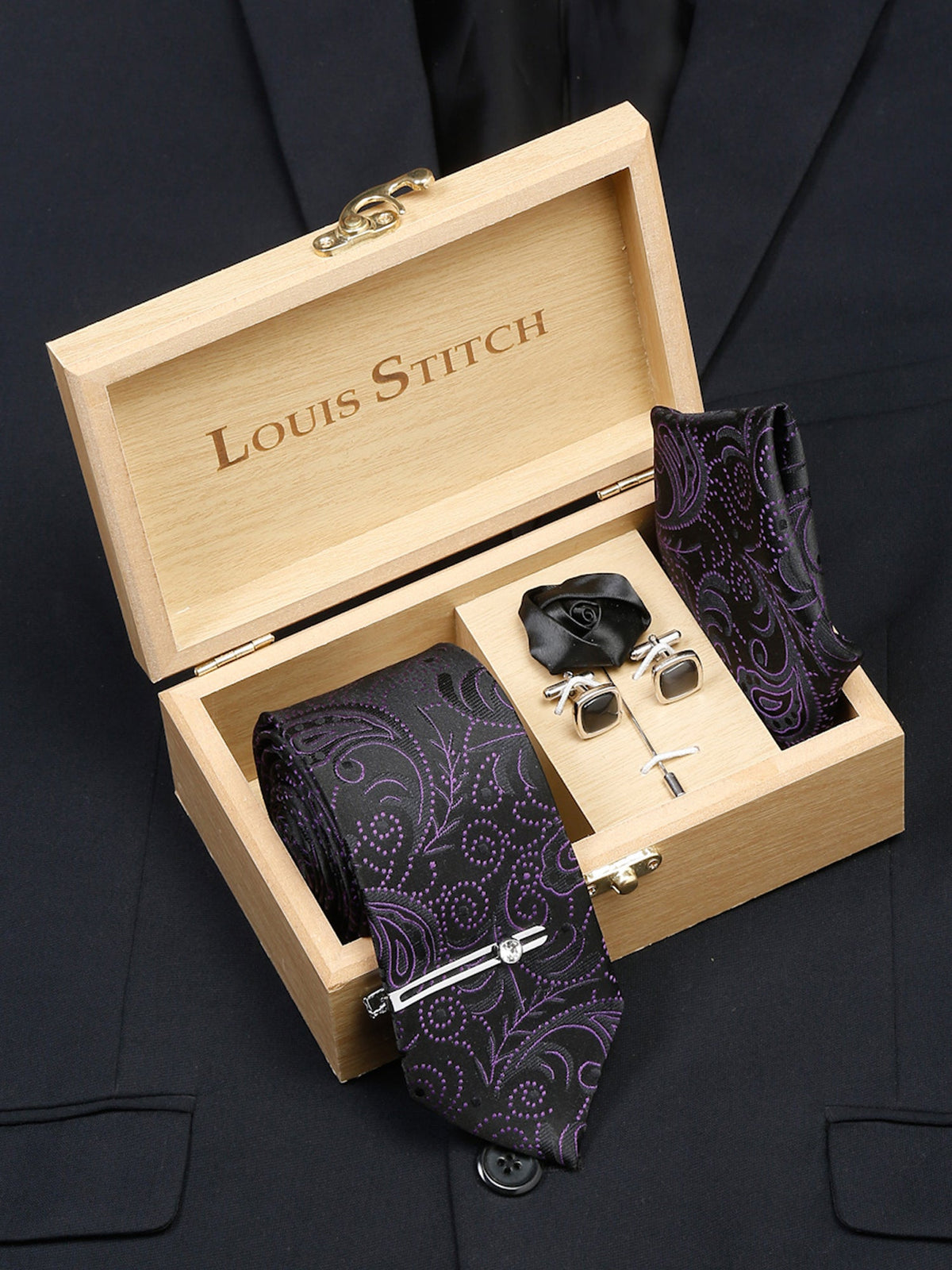 Heather Purple Luxury Italian Silk Necktie Set With Pocket Square Cufflinks Brooch Chrome Tie pin