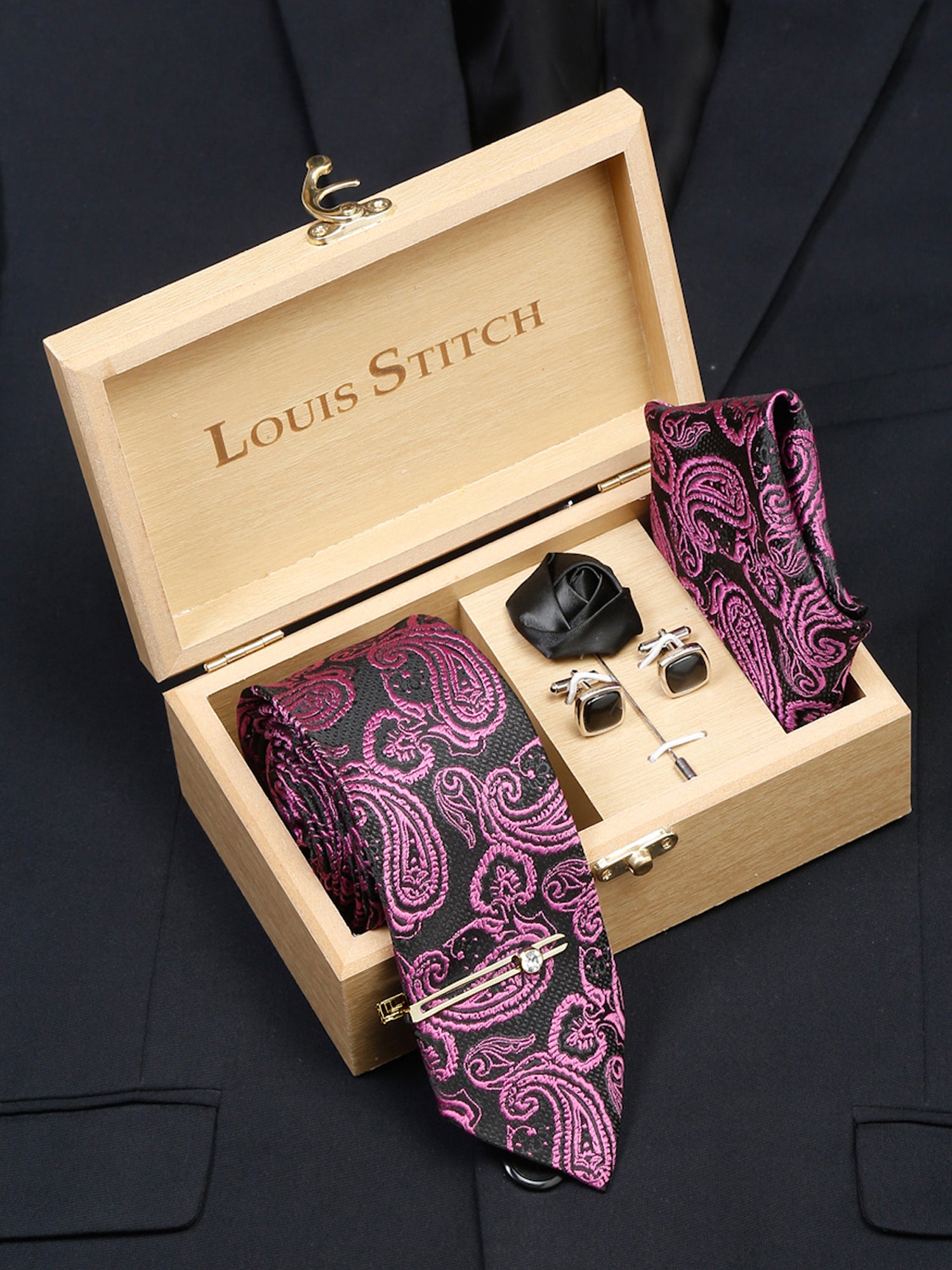 Orchid Purple Luxury Italian Silk Necktie Set With Pocket Square Cufflinks Brooch Gold Tie pin