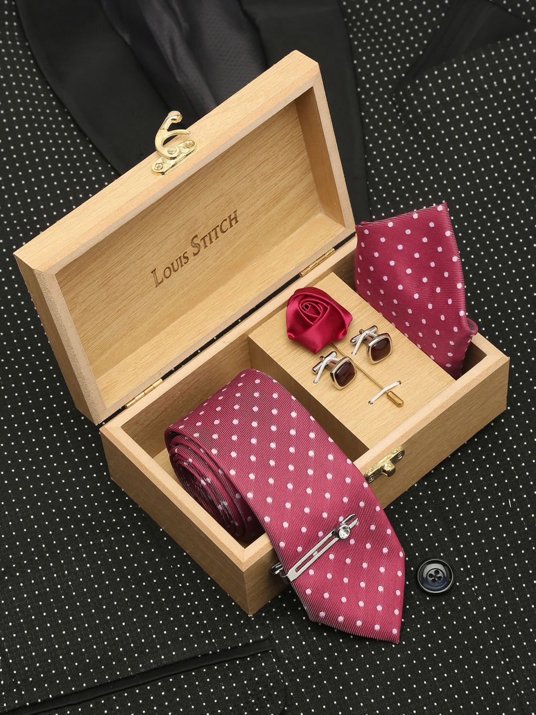 Polka Rosewood Luxury Italian Silk Necktie Set With Pocket Square Cufflinks Brooch Chrome Tie pin