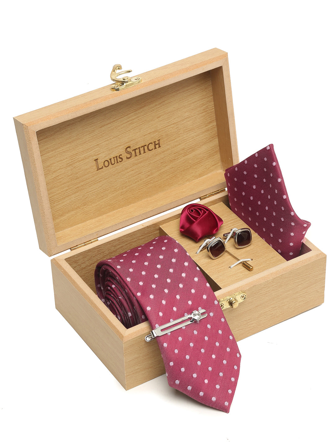 Polka Rosewood Luxury Italian Silk Necktie Set With Pocket Square Cufflinks Brooch Chrome Tie pin