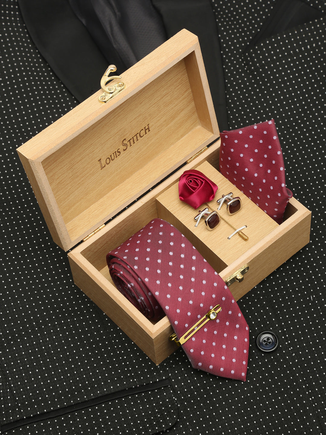 Polka Rosewood Luxury Italian Silk Necktie Set With Pocket Square Cufflinks Brooch Gold Tie pin