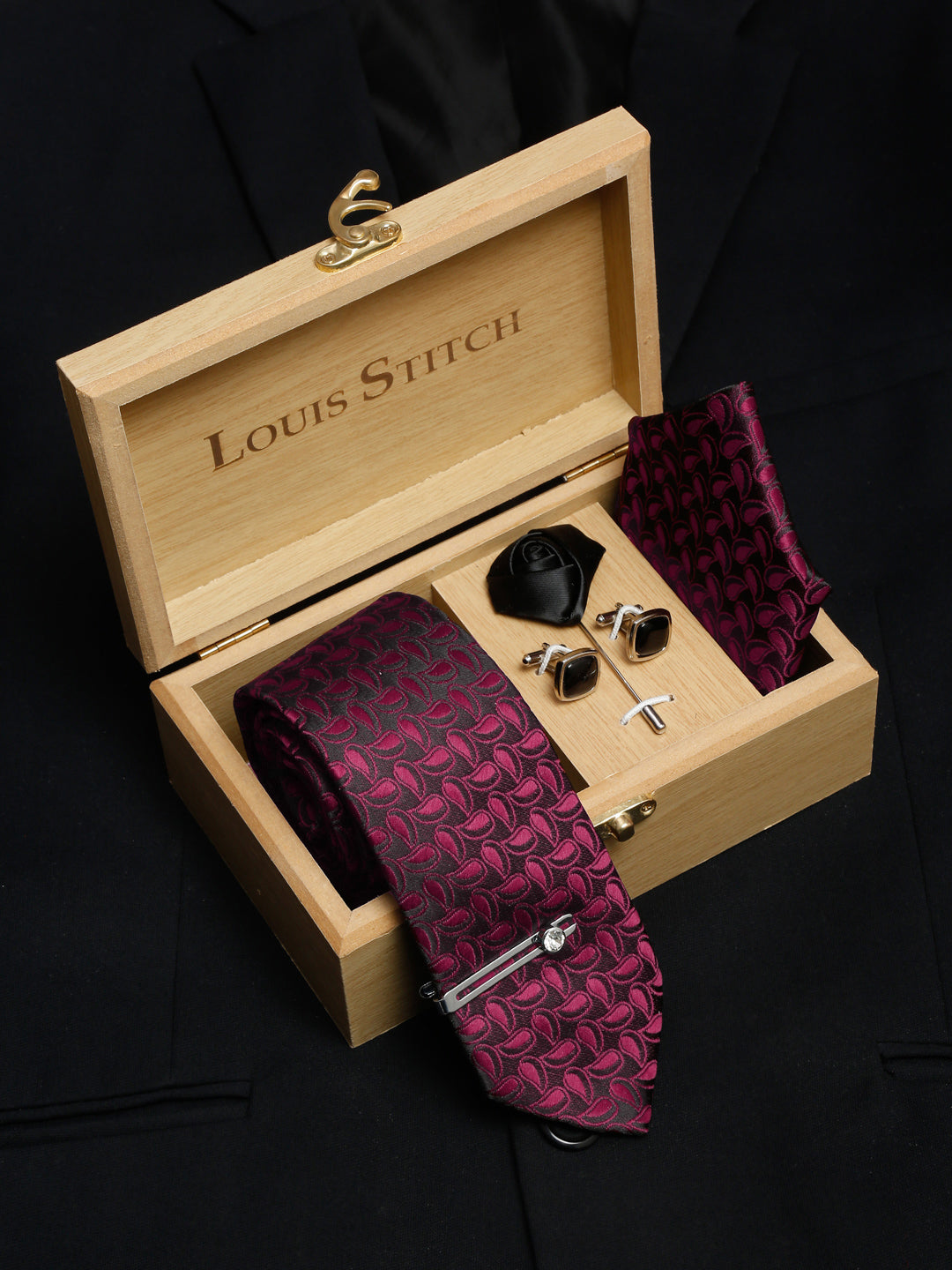 Burgundy Red Luxury Italian Silk Necktie Set With Pocket Square Cufflinks Brooch Chrome Tie pin