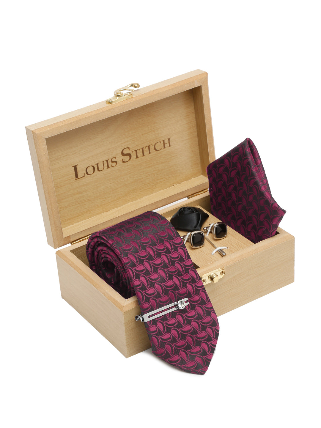 Burgundy Red Luxury Italian Silk Necktie Set With Pocket Square Cufflinks Brooch Chrome Tie pin