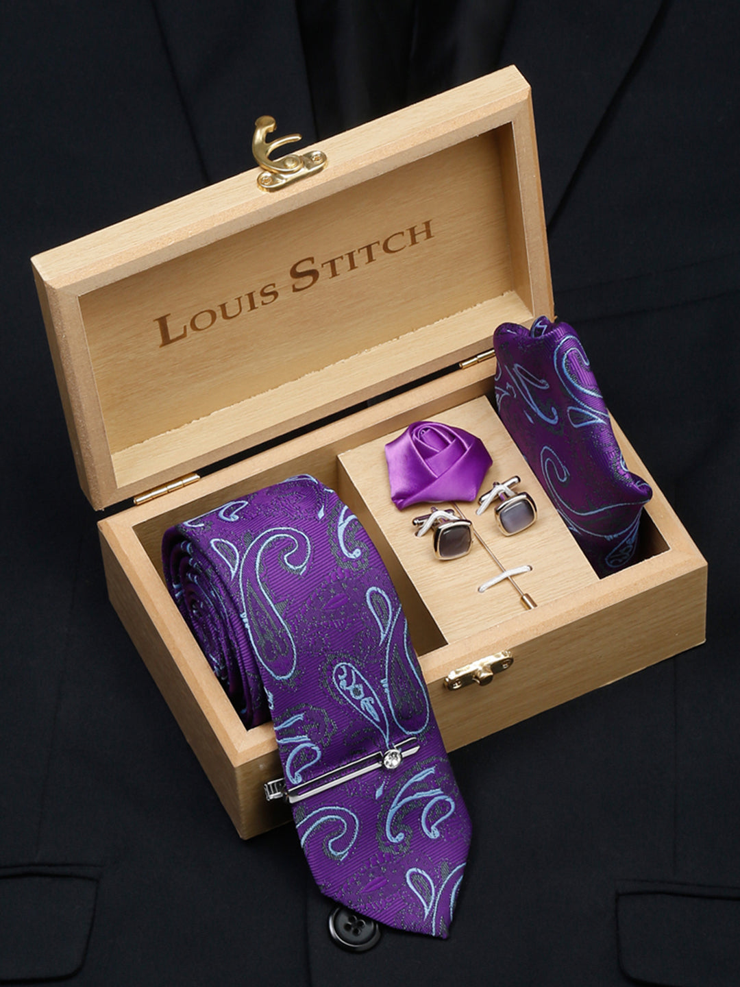 Purple Luxury Italian Silk Necktie Set With Pocket Square Cufflinks Brooch Chrome Tie pin