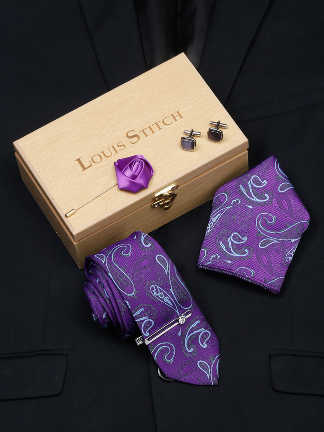 Purple Luxury Italian Silk Necktie Set With Pocket Square Cufflinks Brooch Chrome Tie pin