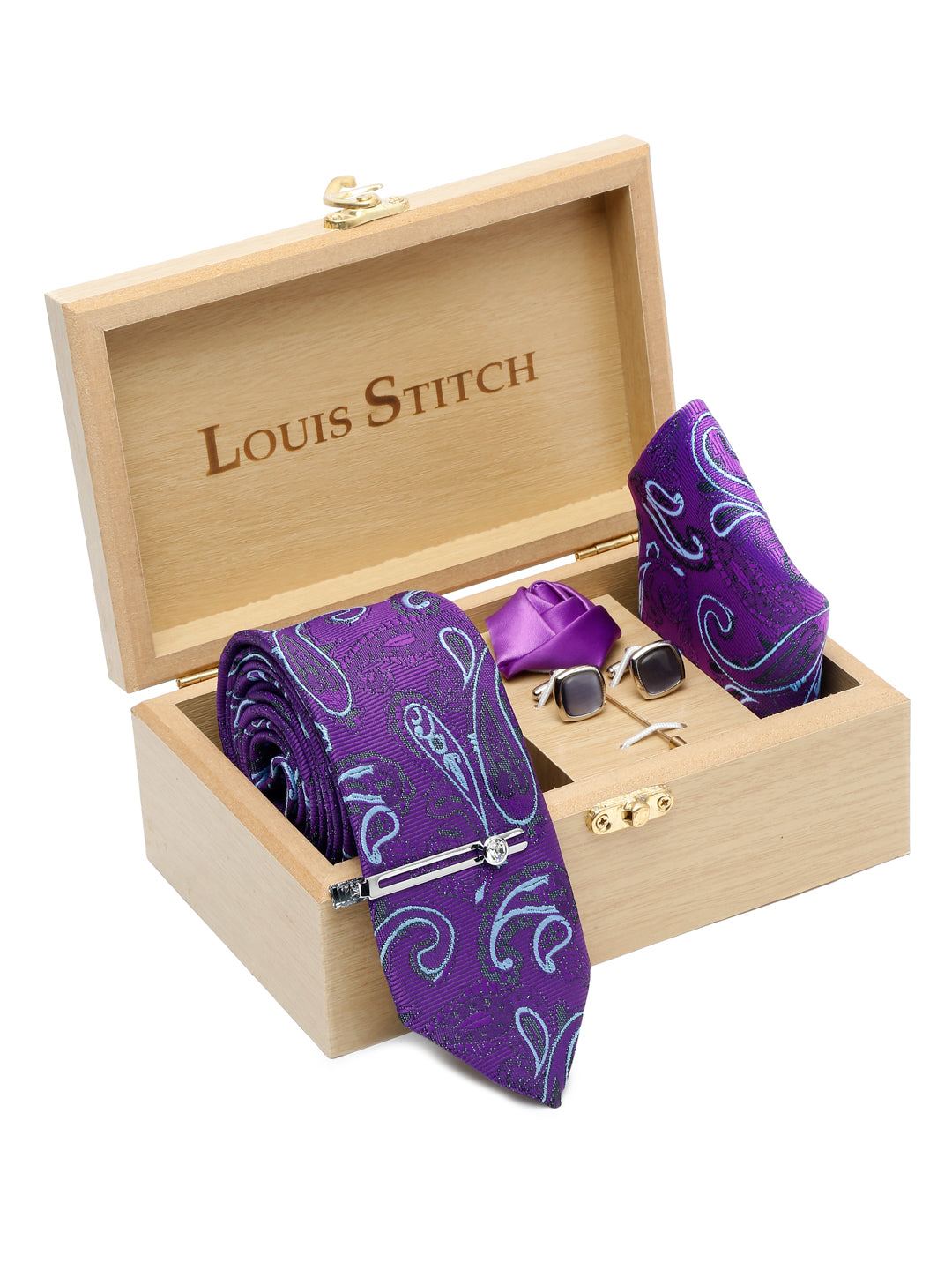 Purple Luxury Italian Silk Necktie Set With Pocket Square Cufflinks Brooch Chrome Tie pin