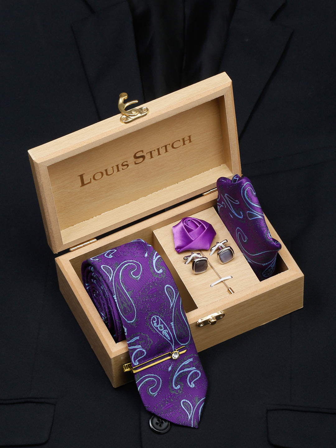 Purple Luxury Italian Silk Necktie Set With Pocket Square Cufflinks Brooch Gold Tie pin