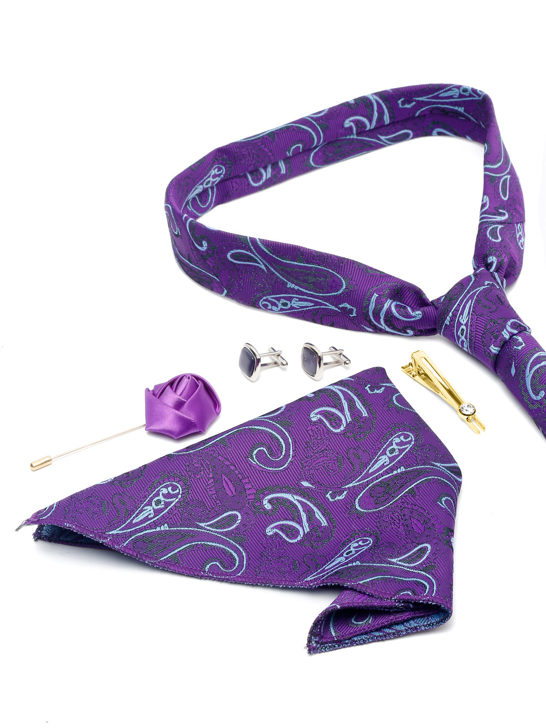 Purple Luxury Italian Silk Necktie Set With Pocket Square Cufflinks Brooch Gold Tie pin