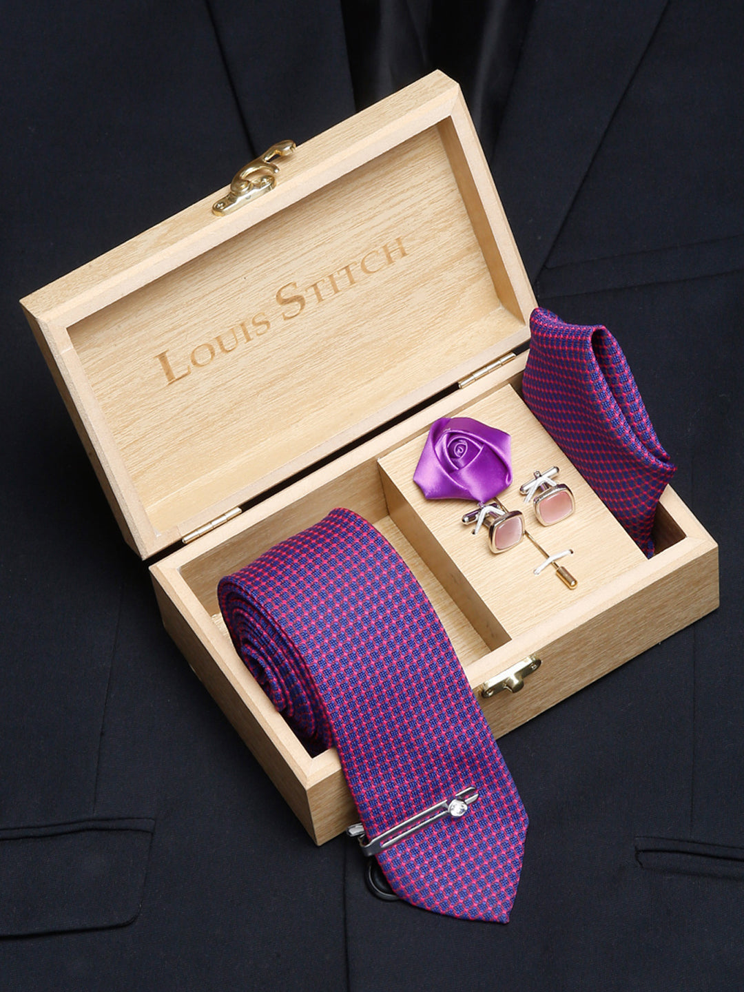 Violet Luxury Italian Silk Necktie Set With Pocket Square Cufflinks Brooch Chrome Tie pin