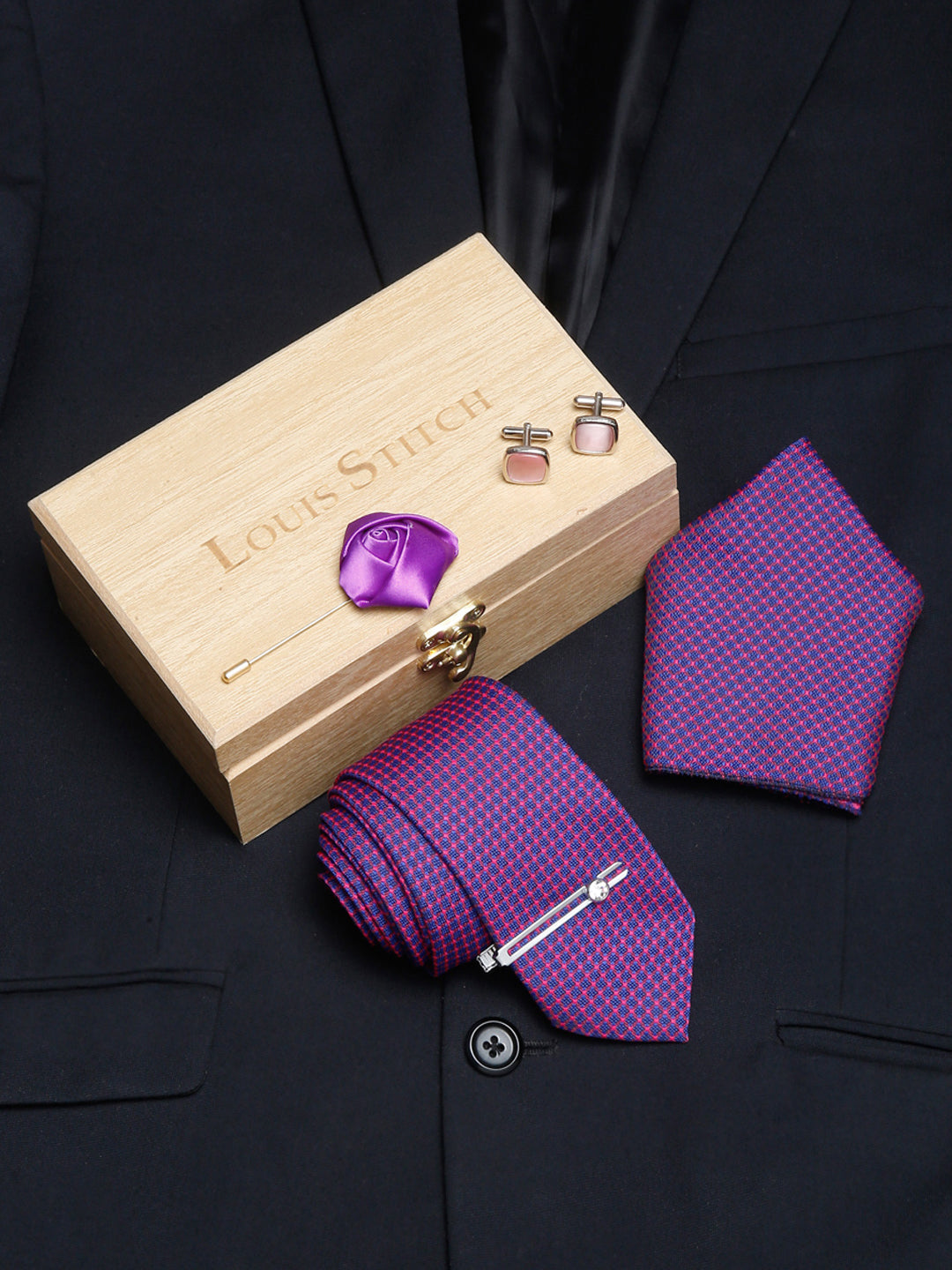 Violet Luxury Italian Silk Necktie Set With Pocket Square Cufflinks Brooch Chrome Tie pin