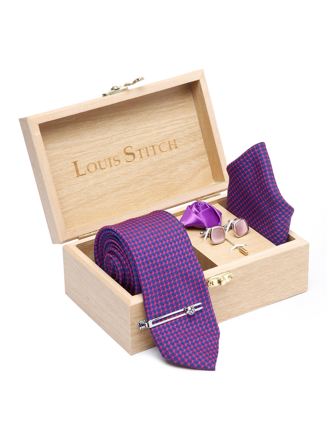 Violet Luxury Italian Silk Necktie Set With Pocket Square Cufflinks Brooch Chrome Tie pin