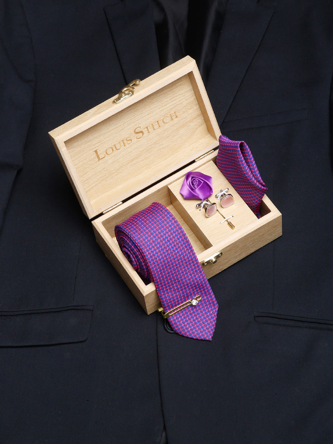 Violet Luxury Italian Silk Necktie Set With Pocket Square Cufflinks Brooch Gold Tie pin