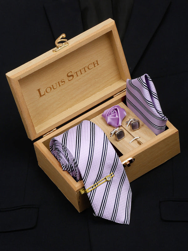 Lavender Italian Silk Necktie Set Pocket Square Golden Tiepin cufflinks and Brooch