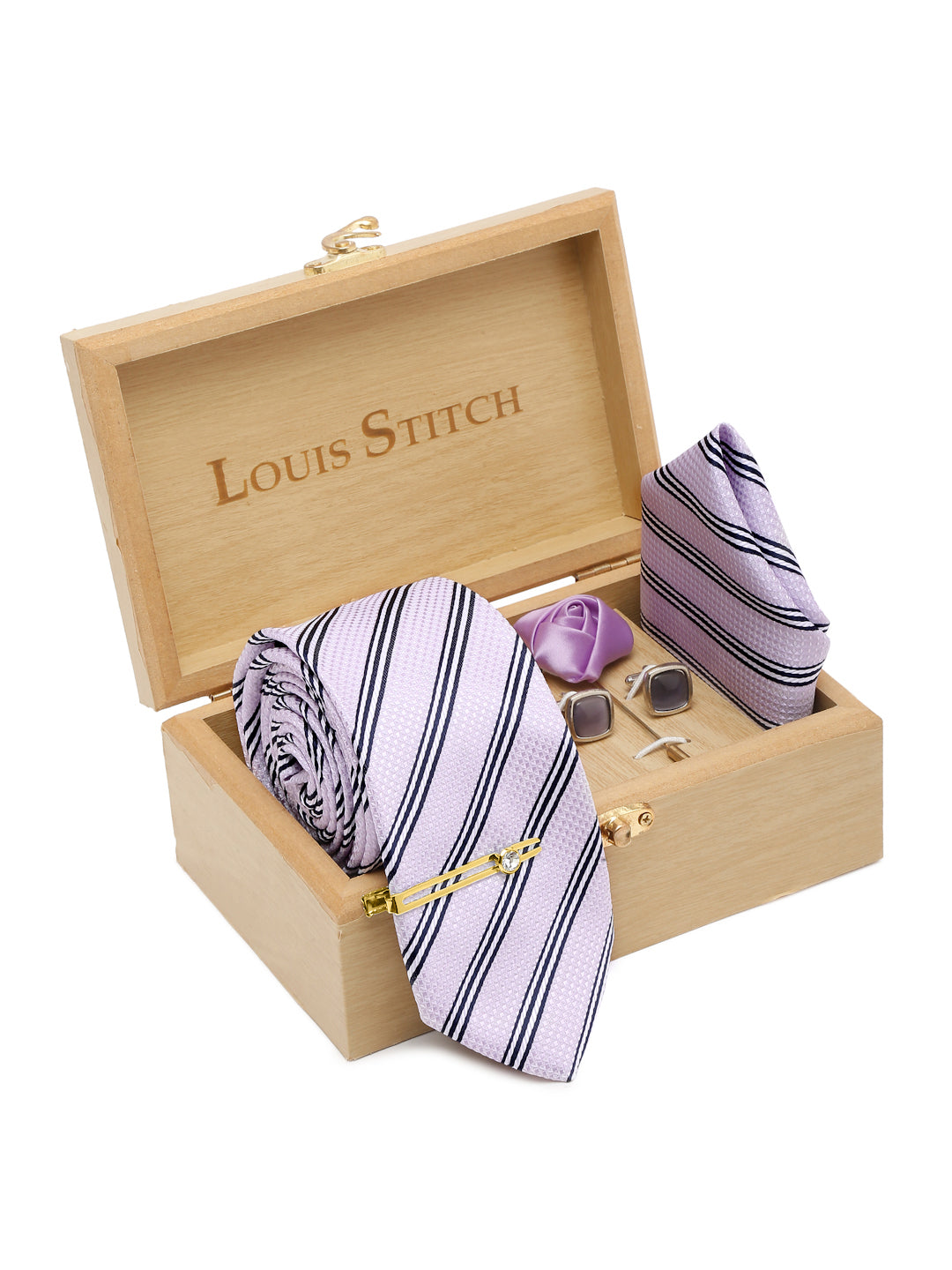 Lavender Italian Silk Necktie Set Pocket Square Golden Tiepin cufflinks and Brooch