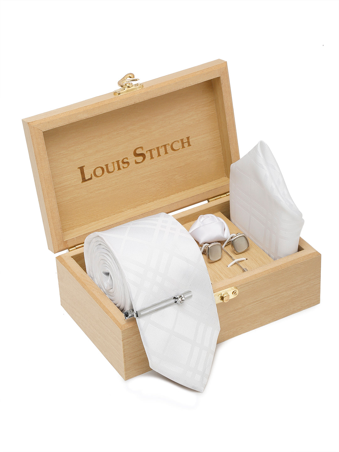 Snow White Italian Silk Necktie Set Pocket Square Chrome Tiepin cufflinks and Brooch