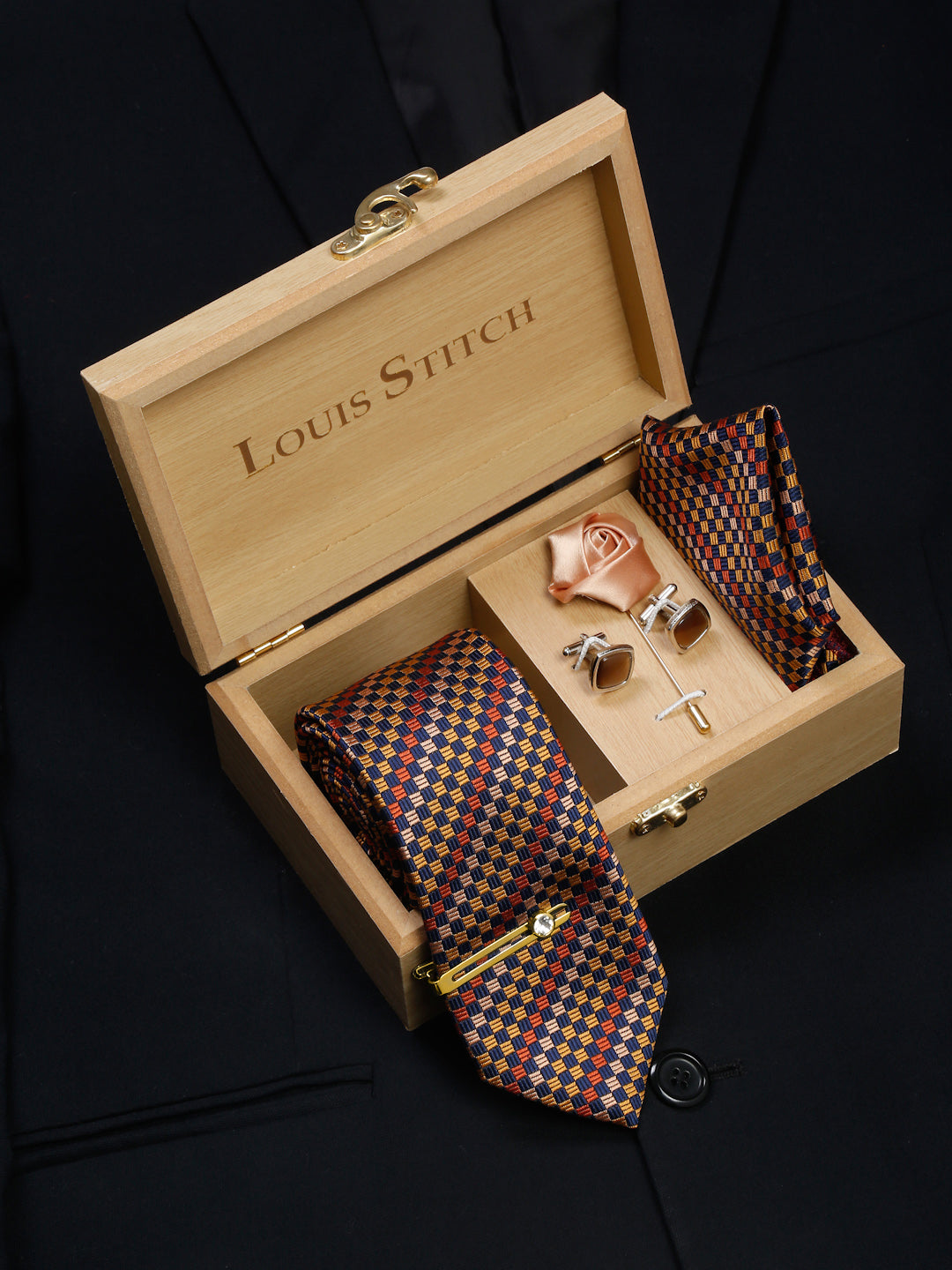 Munsell Yellow Luxury Italian Silk Necktie Set With Pocket Square Cufflinks Brooch Gold Tie pin