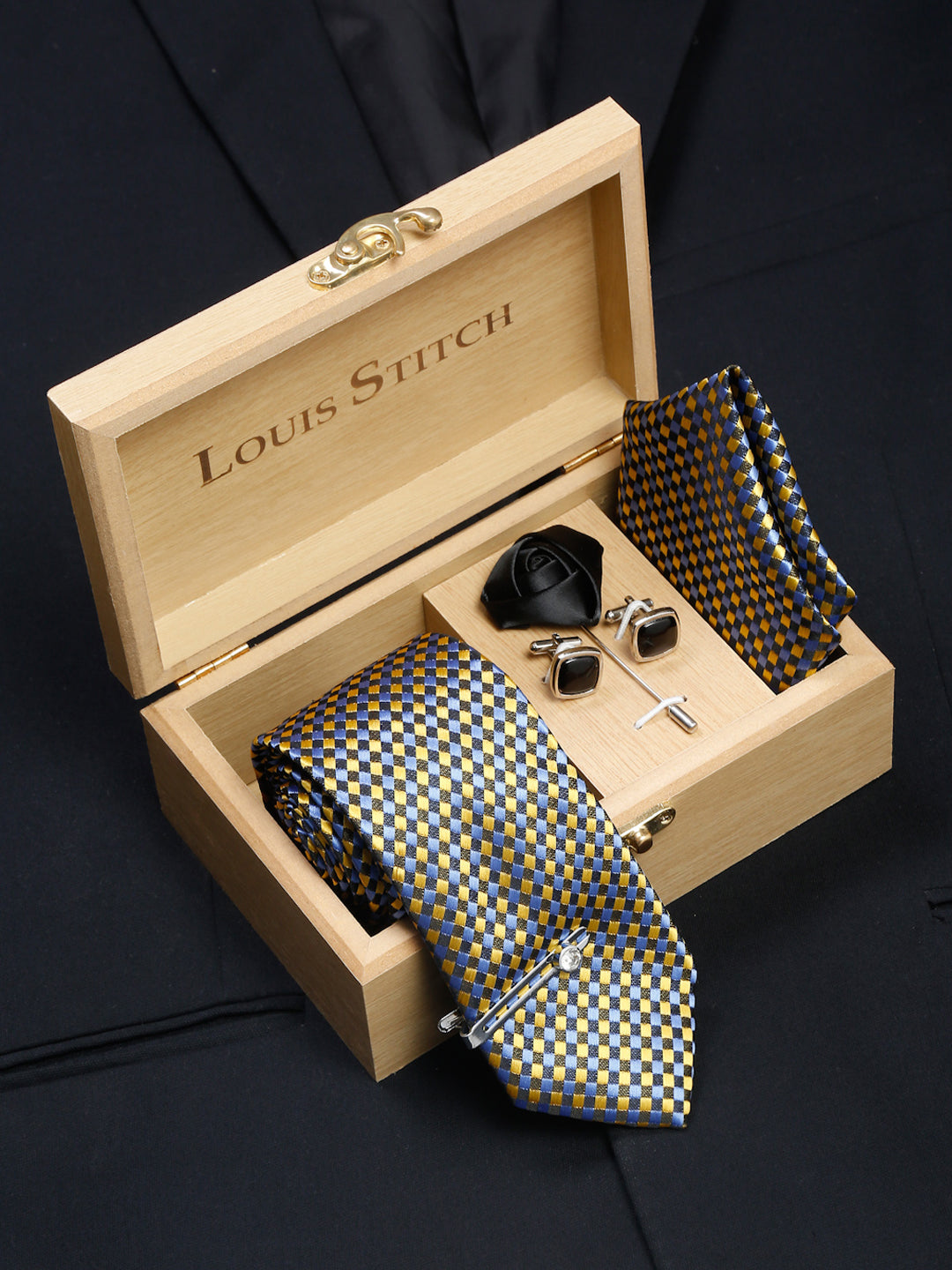 Canary Yellow Luxury Italian Silk Necktie Set With Pocket Square Cufflinks Brooch Chrome Tie pin