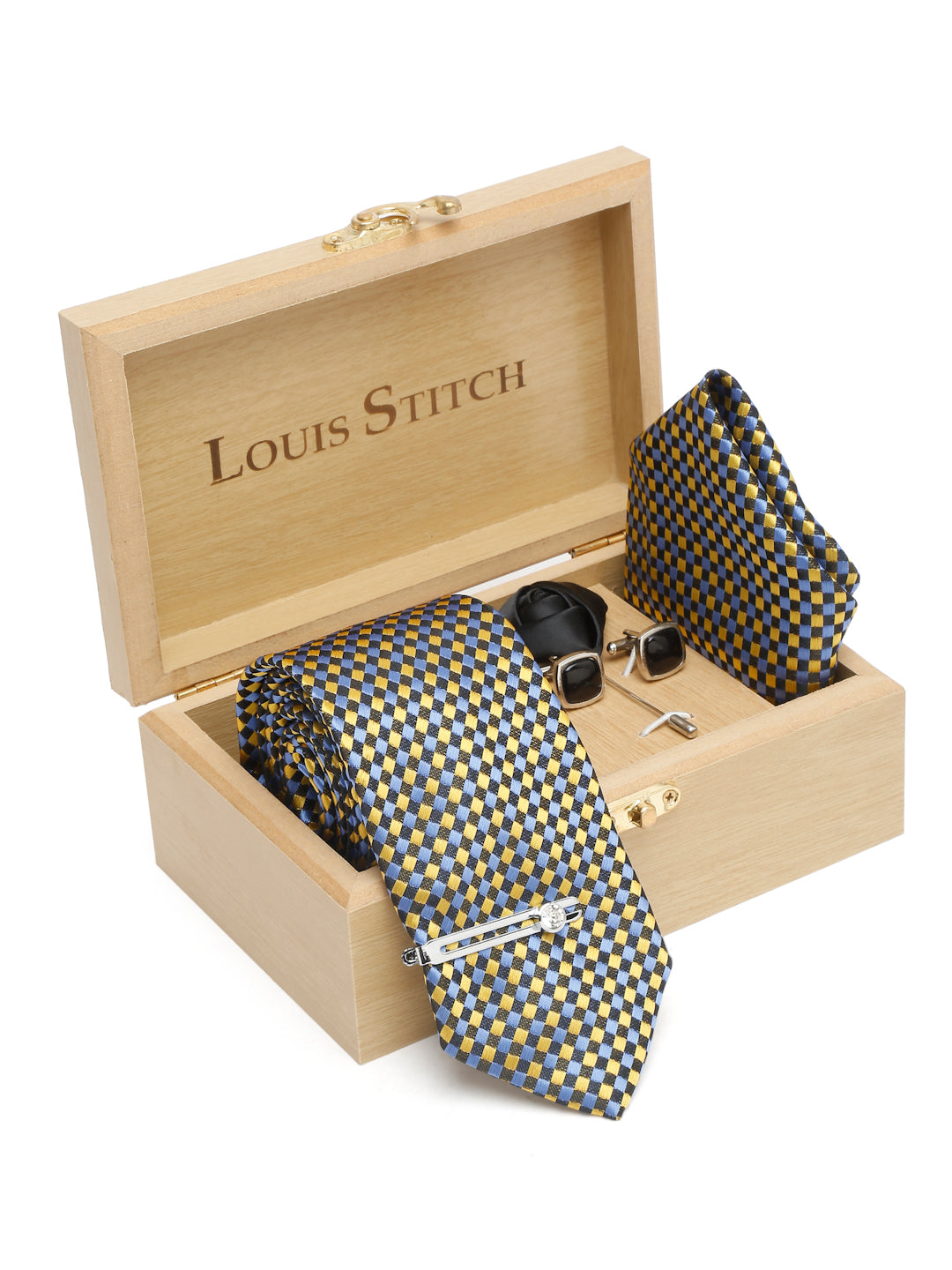 Canary Yellow Luxury Italian Silk Necktie Set With Pocket Square Cufflinks Brooch Chrome Tie pin